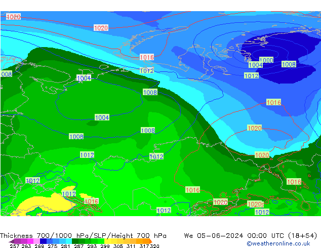 Thck 700-1000 hPa EC (AIFS) We 05.06.2024 00 UTC