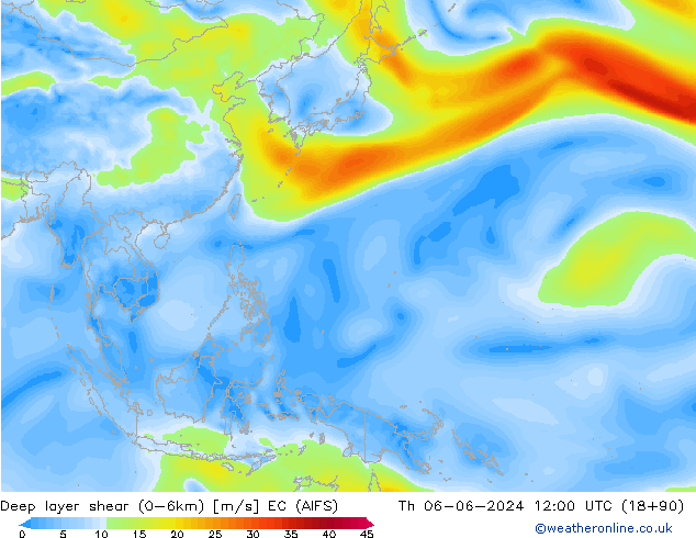 Deep layer shear (0-6km) EC (AIFS) czw. 06.06.2024 12 UTC