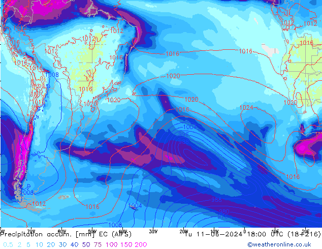 Precipitation accum. EC (AIFS) wto. 11.06.2024 18 UTC