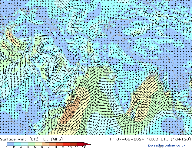 Surface wind (bft) EC (AIFS) Pá 07.06.2024 18 UTC