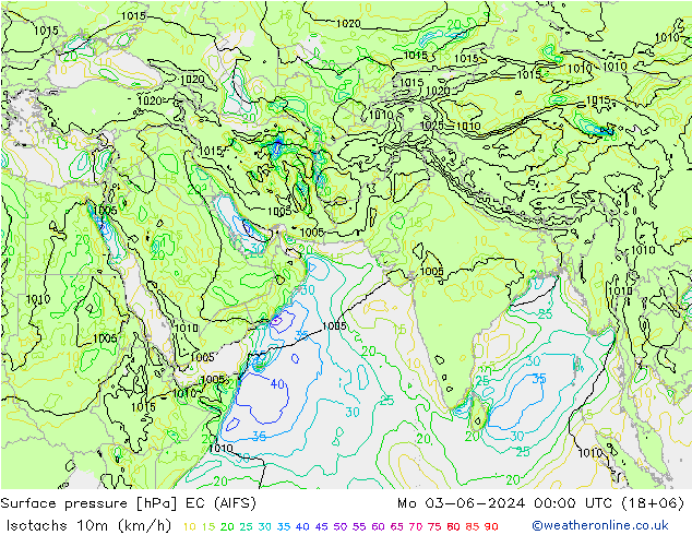 10米等风速线 (kph) EC (AIFS) 星期一 03.06.2024 00 UTC