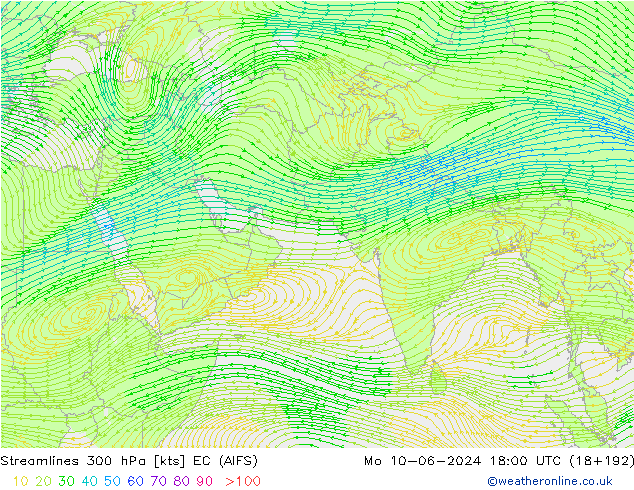 Línea de corriente 300 hPa EC (AIFS) lun 10.06.2024 18 UTC