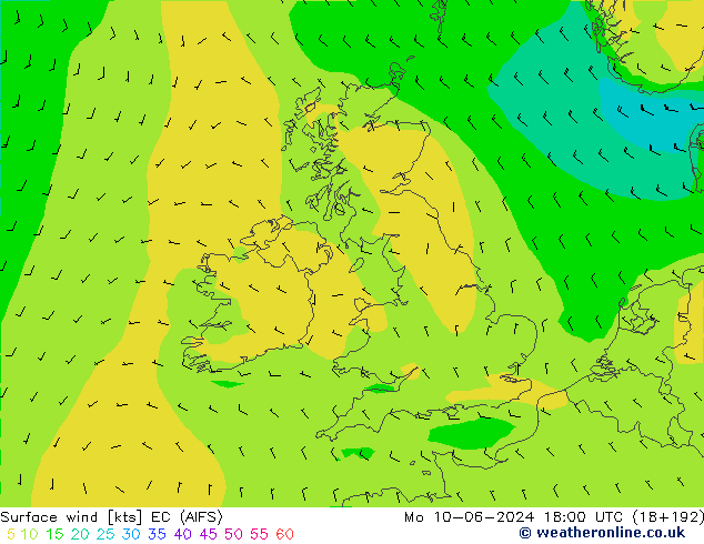 wiatr 10 m EC (AIFS) pon. 10.06.2024 18 UTC