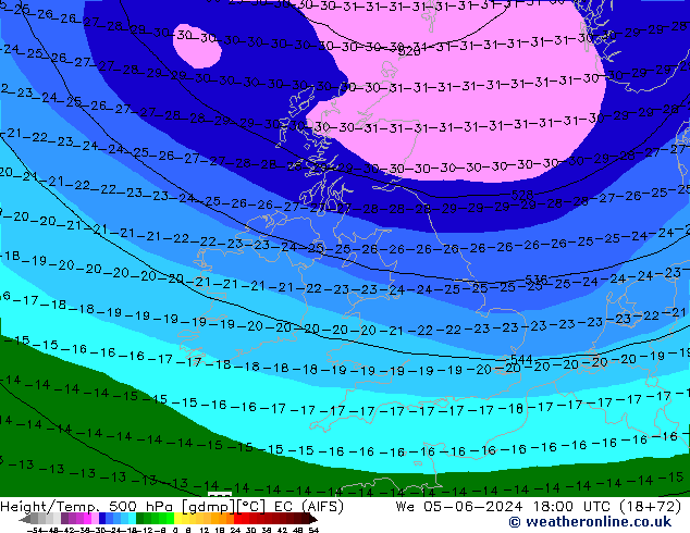 Height/Temp. 500 hPa EC (AIFS) mer 05.06.2024 18 UTC