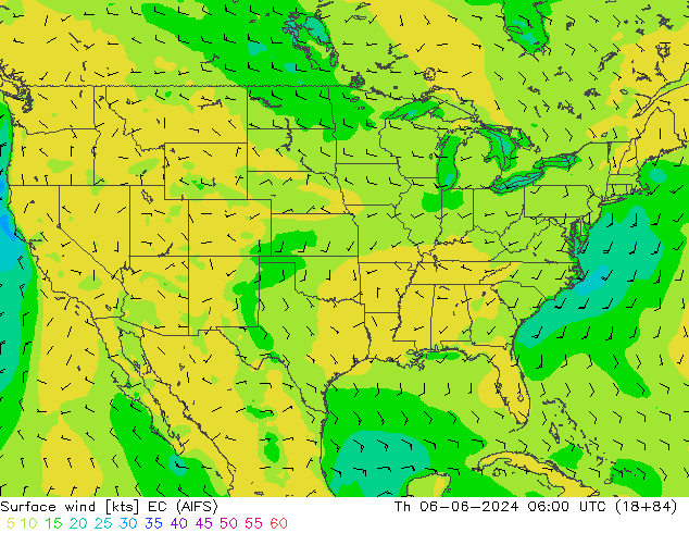 Viento 10 m EC (AIFS) jue 06.06.2024 06 UTC