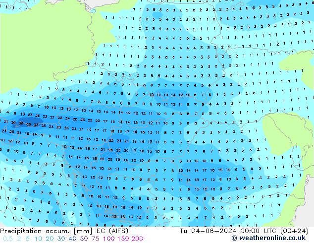 Precipitation accum. EC (AIFS) Út 04.06.2024 00 UTC