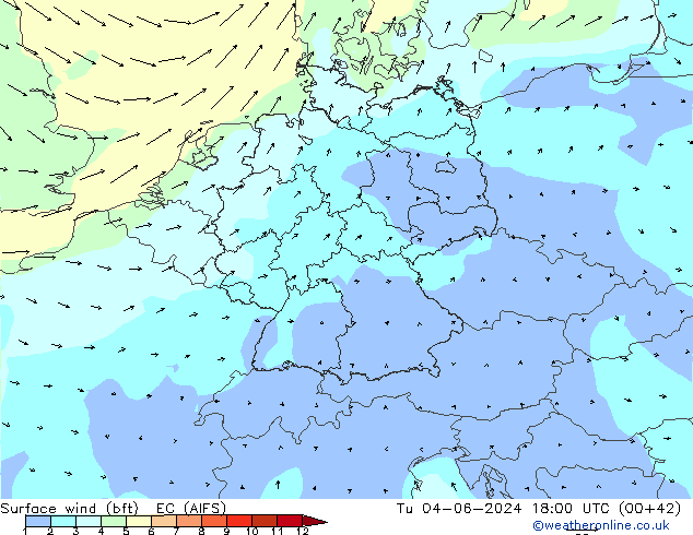 Surface wind (bft) EC (AIFS) Tu 04.06.2024 18 UTC
