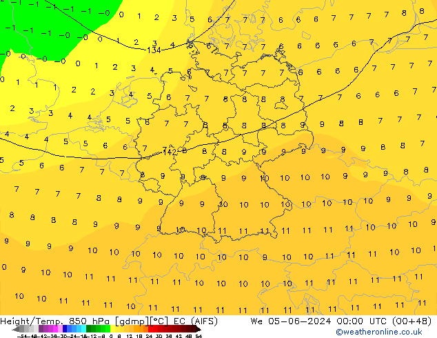 Hoogte/Temp. 850 hPa EC (AIFS) wo 05.06.2024 00 UTC