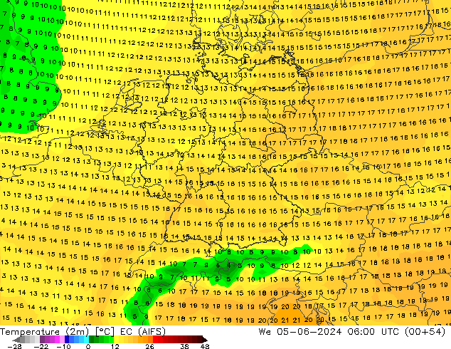 Temperature (2m) EC (AIFS) We 05.06.2024 06 UTC
