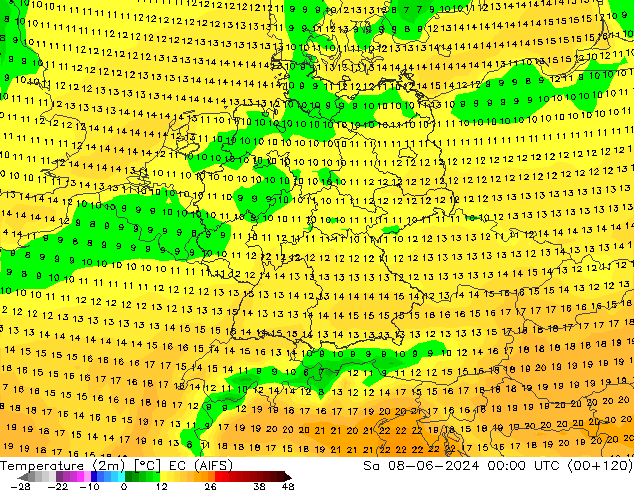 Temperature (2m) EC (AIFS) Sa 08.06.2024 00 UTC