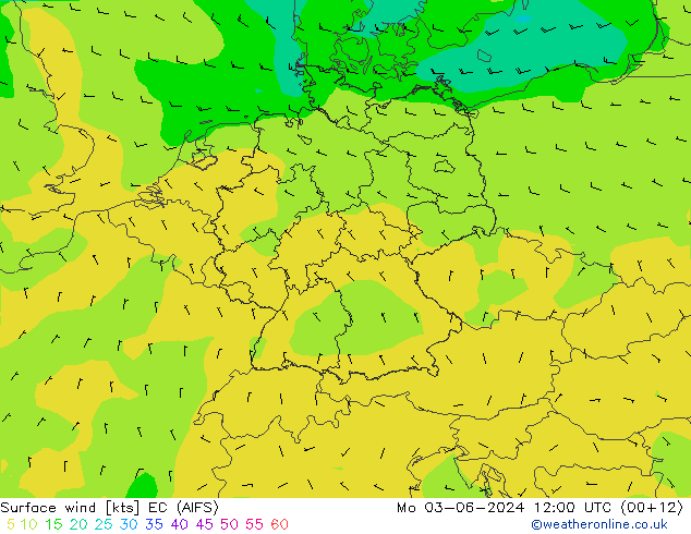 Viento 10 m EC (AIFS) lun 03.06.2024 12 UTC