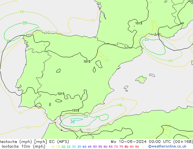 Isotachs (mph) EC (AIFS) Mo 10.06.2024 00 UTC