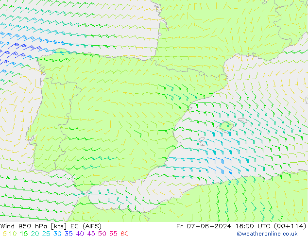 Wind 950 hPa EC (AIFS) Fr 07.06.2024 18 UTC
