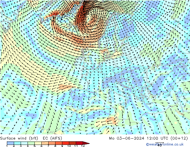 Surface wind (bft) EC (AIFS) Po 03.06.2024 12 UTC