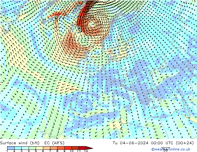 Surface wind (bft) EC (AIFS) Út 04.06.2024 00 UTC