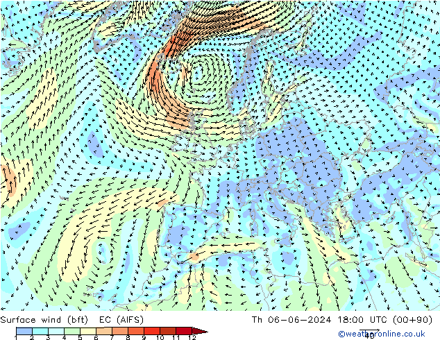 wiatr 10 m (bft) EC (AIFS) czw. 06.06.2024 18 UTC