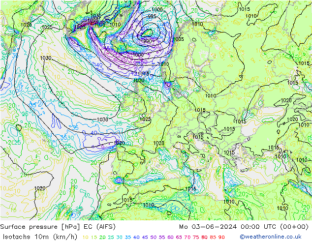 Isotachs (kph) EC (AIFS) Po 03.06.2024 00 UTC