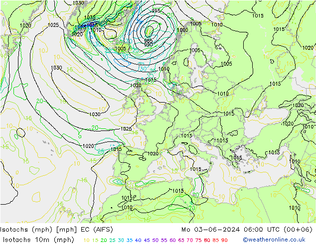 Isotachen (mph) EC (AIFS) Mo 03.06.2024 06 UTC