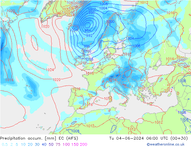 Precipitation accum. EC (AIFS) вт 04.06.2024 06 UTC