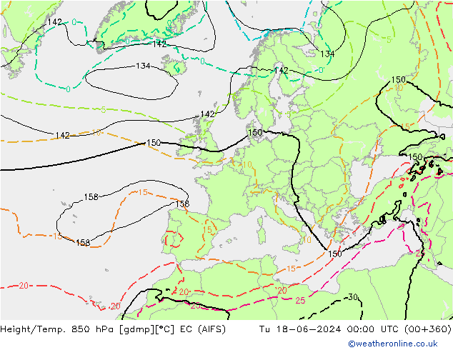 Height/Temp. 850 hPa EC (AIFS) Út 18.06.2024 00 UTC