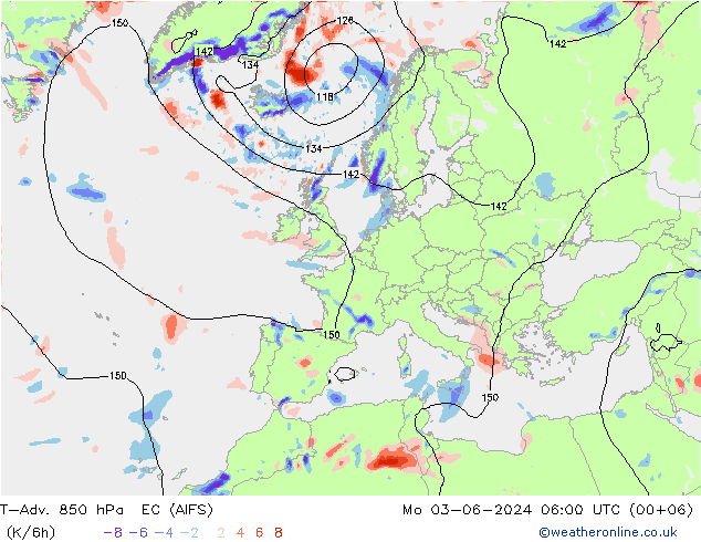 T-Adv. 850 hPa EC (AIFS) Mo 03.06.2024 06 UTC