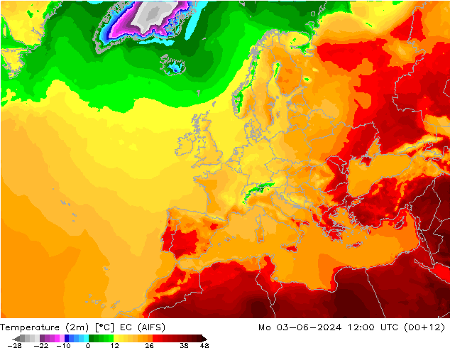 Temperature (2m) EC (AIFS) Po 03.06.2024 12 UTC