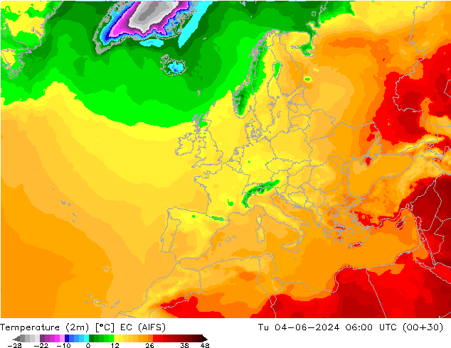 Temperature (2m) EC (AIFS) Út 04.06.2024 06 UTC