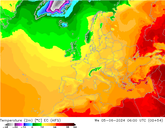 mapa temperatury (2m) EC (AIFS) śro. 05.06.2024 06 UTC