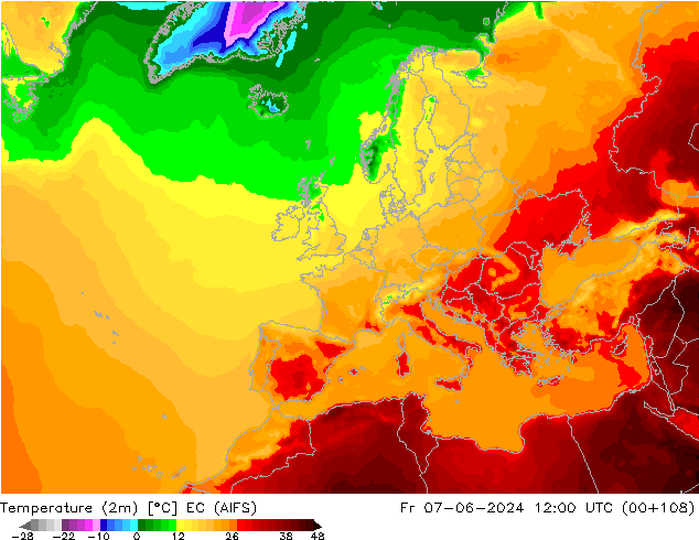 mapa temperatury (2m) EC (AIFS) pt. 07.06.2024 12 UTC