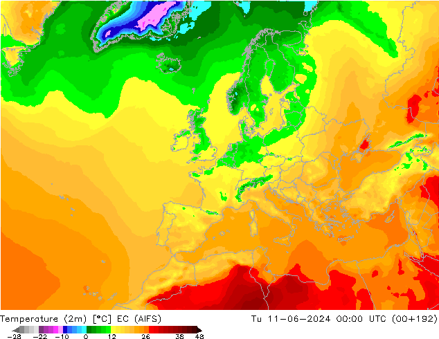 température (2m) EC (AIFS) mar 11.06.2024 00 UTC