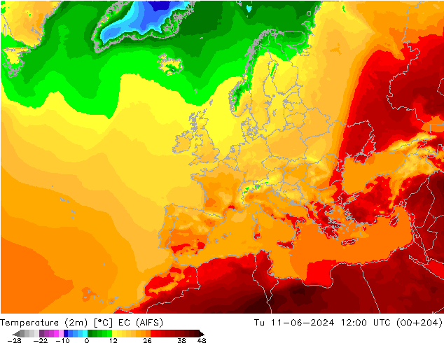 Temperaturkarte (2m) EC (AIFS) Di 11.06.2024 12 UTC