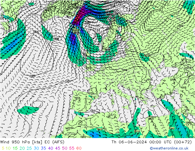 Vent 950 hPa EC (AIFS) jeu 06.06.2024 00 UTC