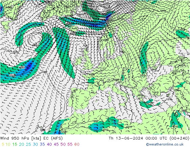 ветер 950 гПа EC (AIFS) чт 13.06.2024 00 UTC