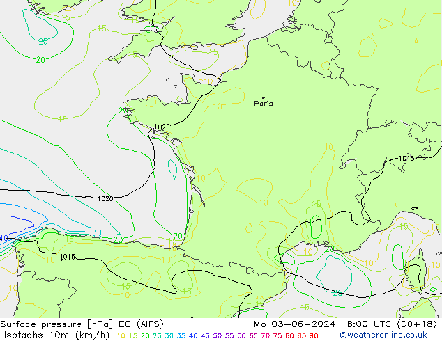 Isotachen (km/h) EC (AIFS) Mo 03.06.2024 18 UTC