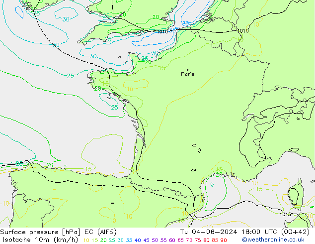 Eşrüzgar Hızları (km/sa) EC (AIFS) Sa 04.06.2024 18 UTC