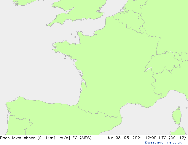 Deep layer shear (0-1km) EC (AIFS) pon. 03.06.2024 12 UTC
