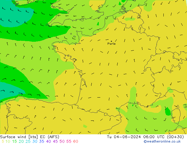 Surface wind EC (AIFS) Út 04.06.2024 06 UTC
