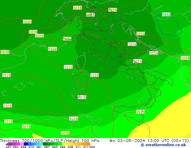 Thck 700-1000 hPa EC (AIFS) lun 03.06.2024 12 UTC