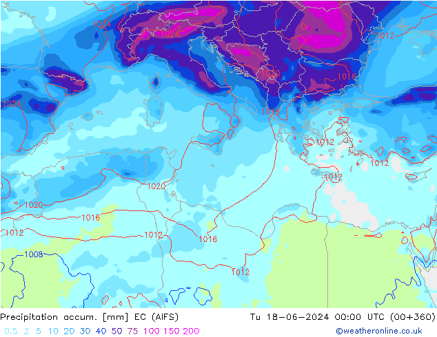 Precipitation accum. EC (AIFS) Út 18.06.2024 00 UTC