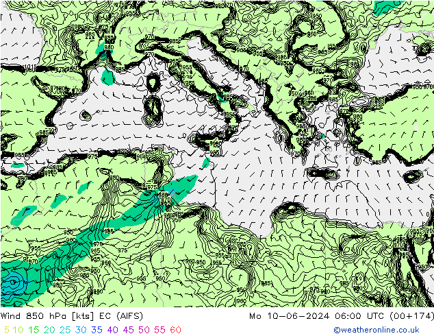 wiatr 850 hPa EC (AIFS) pon. 10.06.2024 06 UTC