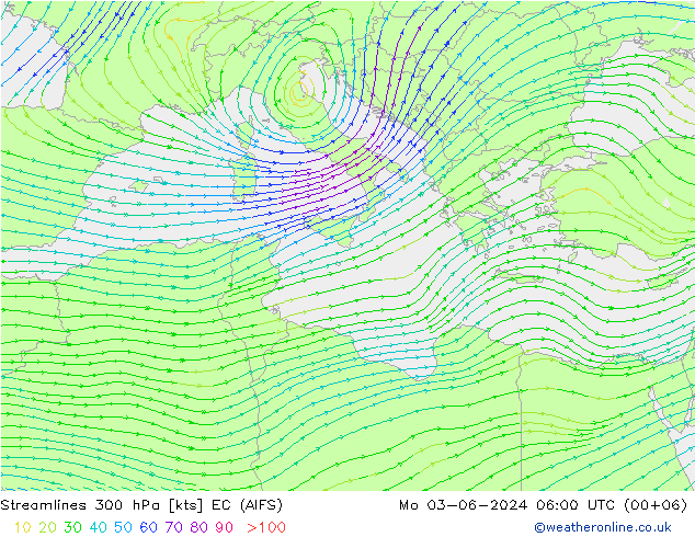 Streamlines 300 hPa EC (AIFS) Mo 03.06.2024 06 UTC