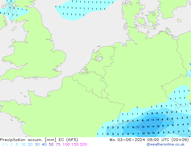 Precipitation accum. EC (AIFS) Mo 03.06.2024 06 UTC