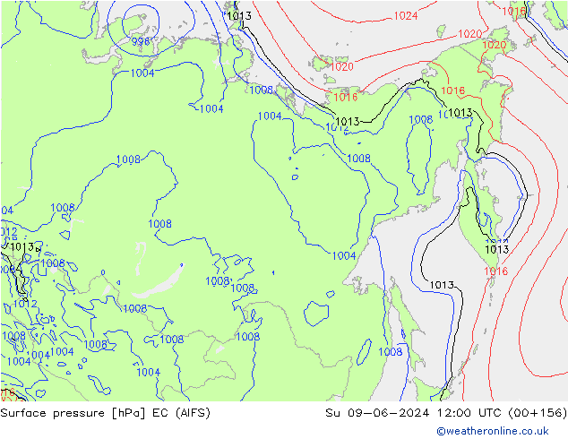 Atmosférický tlak EC (AIFS) Ne 09.06.2024 12 UTC