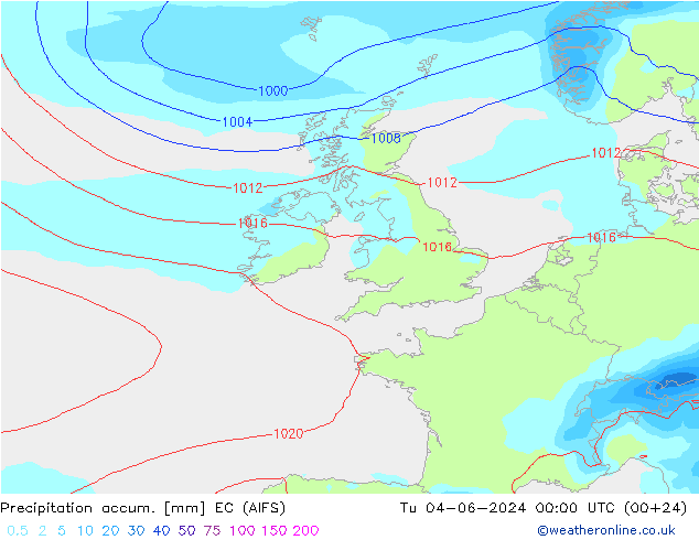 Precipitation accum. EC (AIFS) Tu 04.06.2024 00 UTC