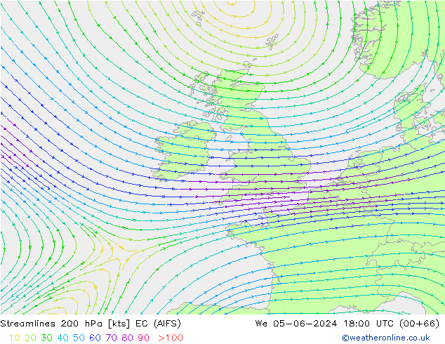 Linha de corrente 200 hPa EC (AIFS) Qua 05.06.2024 18 UTC