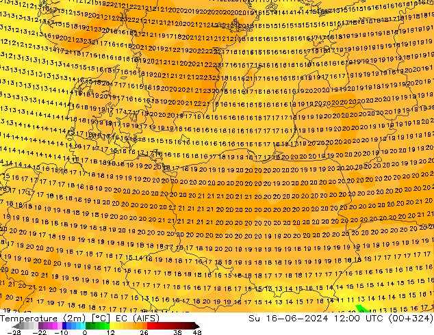 Temperature (2m) EC (AIFS) Su 16.06.2024 12 UTC