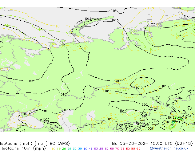 Isotachs (mph) EC (AIFS) lun 03.06.2024 18 UTC