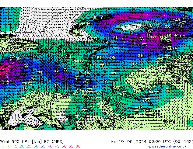 Wind 500 hPa EC (AIFS) Mo 10.06.2024 00 UTC