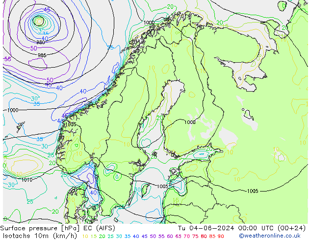 Isotachen (km/h) EC (AIFS) Di 04.06.2024 00 UTC