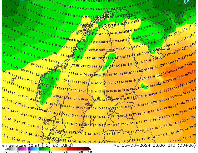 Sıcaklık Haritası (2m) EC (AIFS) Pzt 03.06.2024 06 UTC
